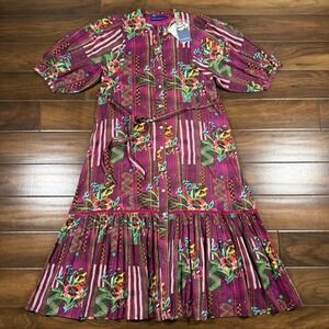 Ro's Garden Women's Size XS Flirty Tie‎ Belt Midi Dress Campeche Purple Floral